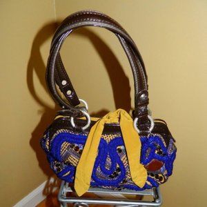 Jamin Puech Royal blue Beaded silk & patent leather small bag EUC